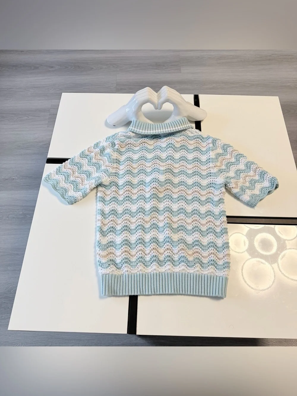 GG Blue Knit Polo Shirt  Pastel Blue Chevron Wave Crochet Short Sleeve Cotton 🩵